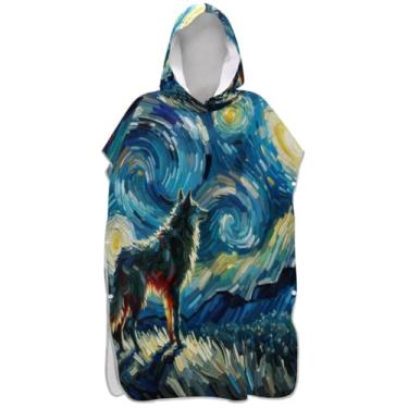 Imagem de Joisal Lobo Noite Estrelada Azul Surf Poncho Trocador Adulto Praia Banho Com Capuz Toalhas Absorventes Masculino Poncho com Capuz