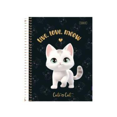 Imagem de Caderno Colegial 10 Matérias Cute Cat Cadersil - Coleção 2026 Fofa Gato 160 Folhas 17,7x24cm (Preto)