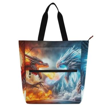 Imagem de GAIGEO Sacola com estampa de dragão de gelo de fogo com zíper para crianças, mulheres, escola, trabalho, livro, presente, reutilizável, bolsa de lona