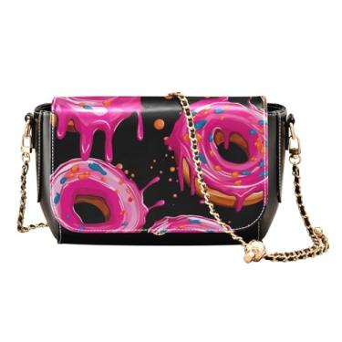 Imagem de Pink Donuts em uma bolsa tiracolo feminina preta com aba, bolsa de ombro de couro transversal, bolsa de couro para mulheres a tiracolo, Donuts em preto - 2, One Size