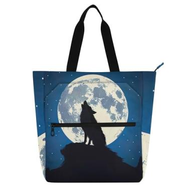 Imagem de GAIGEO Bolsas de trabalho noturnas com lobo uivando, lua, para mulheres, lona, praia, escola, bolsas para professores, amantes de livros