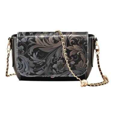 Imagem de GAIGEO Bolsa tiracolo feminina preta e marrom floral decorativa com alça de corrente dourada, Redemoinhos decorativos florais pretos e marrons - 4, One Size