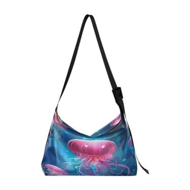 Imagem de Bolsa tiracolo Wolf colorida com estrelas e árvores, bolsas Hobo para mulheres, bolsa de ombro de couro transversal, Jellyfish Underwater in the Galaxy-2, One Size