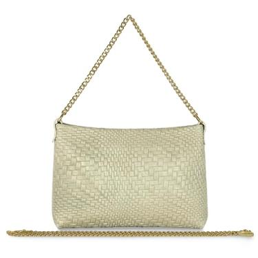 Imagem de Bolsa tiracolo italiana de camurça genuína para mulheres com correntes douradas | Bolsa de ombro pequena clutch noturna, Bege, Small, Bolsa transversal retangular com 2 correntes