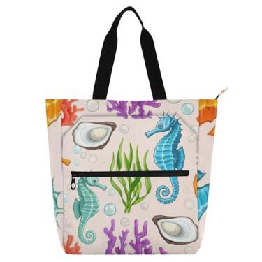 Imagem de GAIGEO Bolsas de trabalho coloridas de cavalos-marinhos corais para mulheres, bolsas de tecido de lona, faculdade, escola, presente reutilizável para amantes de livros