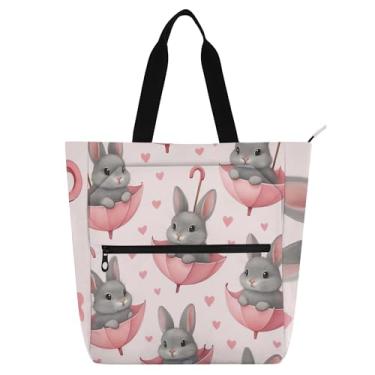 Imagem de GAIGEO Linda bolsa de trabalho feminina cinza coelhinhos pastel bolsa escolar de lona com zíper mensageiro presente para amantes de livros