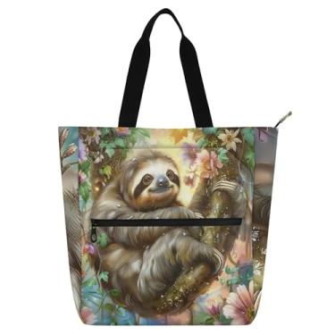 Imagem de GAIGEO Sacola de trabalho com flores de preguiça floral para mulheres, bolsa escolar de lona com zíper, bolsa de professores com compartimentos