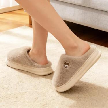 Imagem de Pantufas de pelúcia quentes para mulheres e homens, para uso interno macio, sem cadarço, com forro de lã aconchegante, sola antiderrapante, sapatos para casa, Caqui, 8.5-9.5