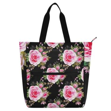 Imagem de GAIGEO Pink Roses Bolsas de Trabalho Pretas para Mulheres Sacolas de Tecido de Lona Faculdade Escola Presente Reutilizável para Amantes de Livros