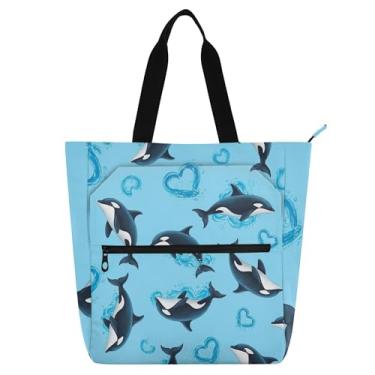 Imagem de GAIGEO Sacola feminina de trabalho azul claro Dolphins de lona com zíper bolsa de praia bolsa de viagem com compartimentos