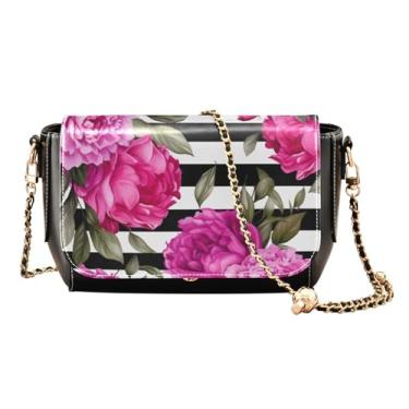 Imagem de GAIGEO Bolsa tiracolo feminina de couro com pintura em aquarela, bolsa tiracolo de couro para mulheres, bolsa de ombro feminina, Floral em listras pretas e brancas-3, One Size