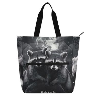 Imagem de GAIGEO Guaxinins Moonlight Dark Grey Tote Bag para crianças amantes de livros, escola, professor, bolsa de ombro com zíper médio