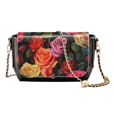 Imagem de GAIGEO Bolsas transversais de couro com design de rosas vermelhas e verdes, bolsa de ombro de couro PU, bolsas de couro transversal para mulheres, Rosas coloridas em preto-3, One Size
