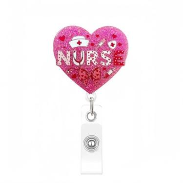 Imagem de Carretel de crachá de coração para dia dos namorados, rosa "enfermeira", porta-crachá de identificação médica, carretel de laço de coração brilhante com clipe retrátil, porta-crachás de acrílico