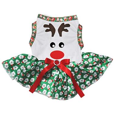 Imagem de Petitebella Vestido de cachorro tutu com rosto de rena fofo 3D chifre branco (Papai Noel verde, médio)