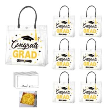 Imagem de AnyDesign Conjunto de 12 sacos de presente de plástico transparente para formatura com alças de borla, cartões em branco, ráfia amarela, reutilizável, saco de lembrancinhas de PVC para faculdade