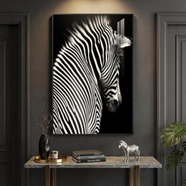 Imagem de Arte de parede moderna emoldurada em preto e branco, pinturas contemporâneas de estampas de animais para paredes, tiras de fotografia grande em formas de zebra para sala de estar, sala de jantar
