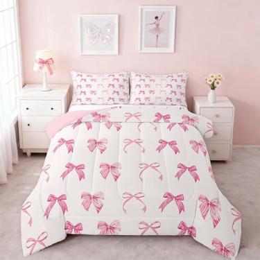 Imagem de Feelyou Jogo de cama solteiro com laço rosa e laço para crianças, adolescentes, estilo princesa sonhadora, edredom para decoração de quarto, 2 peças com 1 fronha