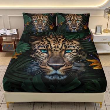 Imagem de AILONEN Jogo de cama casal com estampa de leopardo selvagem, folhas verdes, animal selvagem, 3 peças, tema floresta, lençol com elástico e 2 fronhas