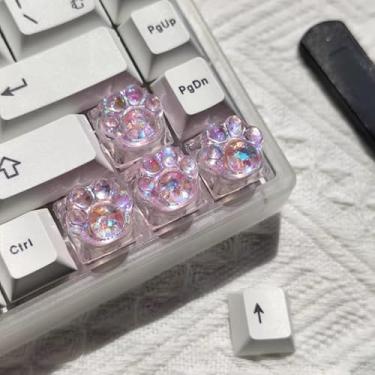 Imagem de Evlkuen Cat Paw Keycaps, 4pcs Resin Artisan WASD Arrow Esc Keycap, Cute Kawaii Shine Through Keycaps (Pink Bling)