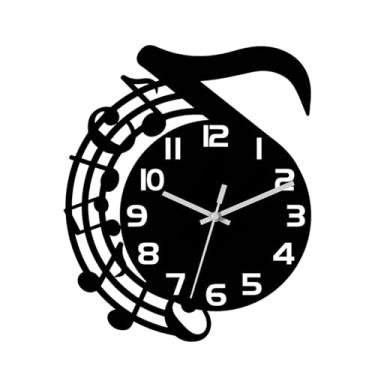 Imagem de KiBcsLic Relógio de parede analógico com notas musicais, arte decorativa para parede, decoração silenciosa com notas musicais para quarto infantil, festa ou