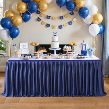 Imagem de Saia de mesa azul escuro retangular, saia de mesa de 1,8 m, saia de mesa para professores, sala de aula, dormitório, chá de bebê, festa de aniversário, formatura, banquete, casamento, poliéster