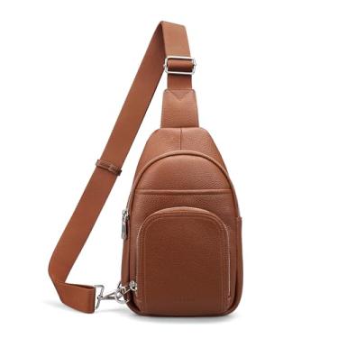 Imagem de befen Bolsa tiracolo pequena de couro genuíno para mulheres, pochete antirroubo, bolsa de peito com carteira RFID embutida, Marrom conhaque, 6.1" x 1.8" x 11", Bolsa tiracolo