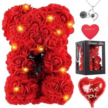 Imagem de MACTING Urso Rosa Para Mulheres Urso De Pelúcia Flor Vermelha Com Caixa Eu Te Amo Colar Cartão De Luz Balão Para Dia Das Mães Aniversário Aniversário (10")