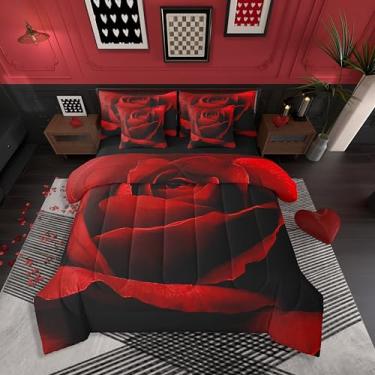 Imagem de Erosebridal Jogo de cama king com rosa vermelha, romântico, floral vermelho e preto, 7 peças, para meninas e mulheres, para amantes do Dia dos Namorados, conjunto de lençol com edredom e flor rosa