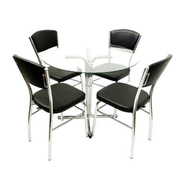 Imagem de Jogo de Mesa Eloá com vidro redondo + 4 Cadeiras com reforço cromadas 
