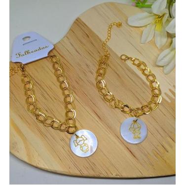 Imagem de Pulseira Bracelete Corrente Elos Duplo Folheado Ouro 18k Pingente Madr