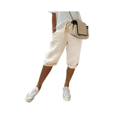 Imagem de Calças Casuais De Algodão E Linho Para Mulheres Com Bolsos E Elástico,