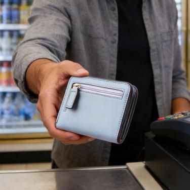 Imagem de Carteira pequena feminina, carteira compacta com design duplo com 6 compartimentos para cartão, 1 compartimento para identidade para dinheiro e bolso para moedas com zíper, azul