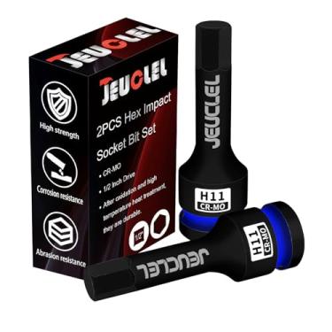 Imagem de JEUCLEL 2 peças de soquete hexagonal de 11 mm, soquete Allen de acionamento de impacto H11 de 1/2 polegada, adaptador de chave de fenda sextavada de aço Cr-Mo para chaves catracas elétricas parafusos