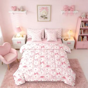Imagem de Erosebridal Jogo de cama infantil com laço rosa em uma bolsa, 7 peças, fofo, princesa, romântico, coração, laço e nó de laço, geométrico, com edredom e decoração de quarto