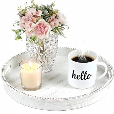 Imagem de Zosenley Bandeja decorativa, bandeja de plástico redonda com alças, bandeja moderna e bandeja de servir para otomano, mesa de café, cozinha e banheiro, tamanho 33 cm (branco retrô)