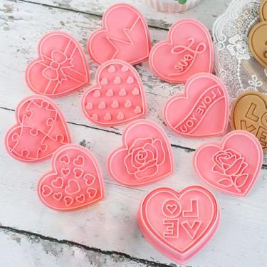Imagem de Moldes de silicone de plástico para coração de Dia dos Namorados, moldes de biscoito de fondant rosa doce amor com 10 designs diferentes, suprimentos antiaderentes para bolos de coração de desenho