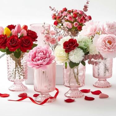 Imagem de Ninehaoou 6 peças (A: 18 cm L: 10 cm) Vasos de vidro com pedestal em relevo para flores, garrafa de base grande, recipiente espesso, vintage, para decoração de casamento, decoração de mesa e centro de