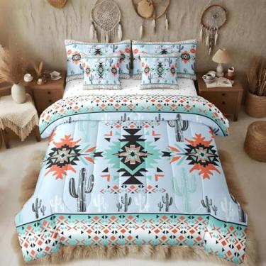 Imagem de Feelyou Conjunto de edredom azul do sudoeste asteca com lençol solteiro, geométrico, vintage, para meninos, meninas, adolescentes, boêmio, tribal, rústico, ocidental, exótico, cacto, 7 peças, macio