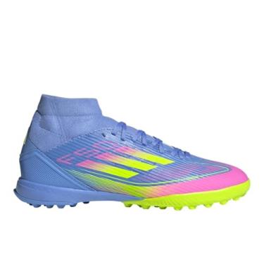 Imagem de adidas Chuteiras femininas F50 League cano médio Turf Chuteiras, Blue Fusion/Limão lúcido/Rosa lúcido, 41