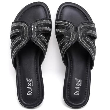Imagem de Ruiee Sandálias rasteiras femininas de largura larga, modernas, casuais, brilhantes, elegantes, confortáveis, para noiva, casamento, verão, sem cadarço, sandálias de pés largos para mulheres., Preto