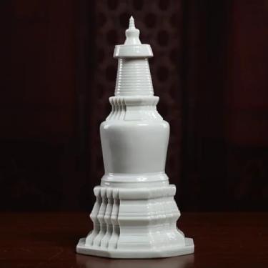 Imagem de FENNYYAR Ornamentos de pagode de cerâmica para uso doméstico, sala de estar, 20 cm, suprimentos budistas, ofertas de templo, decoração de estupa de relíquias