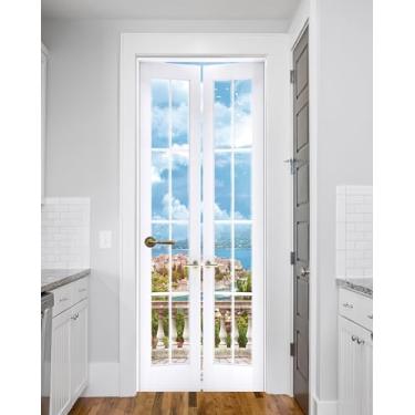 Imagem de FLFK Mural de porta, vista costeira mediterrânea, arte autoadesiva para porta de vila europeia, 77 x 192 cm, para uso em quartos e escritórios