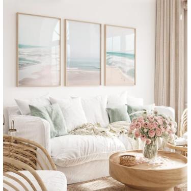 Imagem de Conjunto de 3 impressões de arte emolduradas para praia, oceano, pôster, neve, praia, fotos, pintura de parede em tela para casa, quarto, decoração costeira com moldura interna