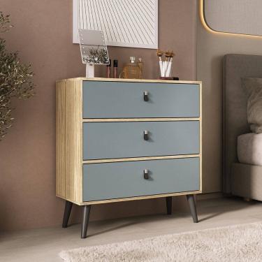 Imagem de Cômoda com 3 Gavetas para Quarto Pés Palito Amendoa / Acqua