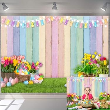 Imagem de Pano de fundo de madeira colorido de Páscoa, flores de primavera, gramado verde, cenário natural, decoração de festa de Páscoa, para crianças, aniversário, chá de bebê, adereços de estúdio fotográfico