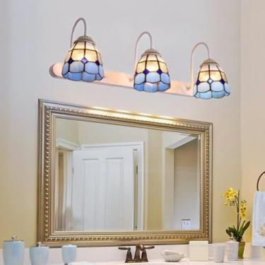 Imagem de Luminária de parede E27 para banheiro, estilo Tiffany, com três lâmpadas e design criativo com espelho frontal, ideal para quartos e banheiros (acabamento esmaltado).
