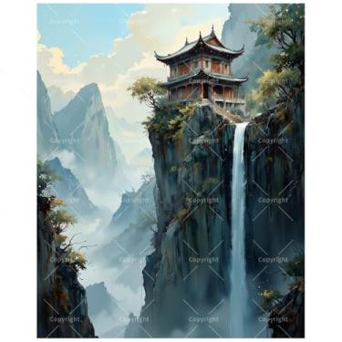 Imagem de Kit de pintura com números de vista da montanha para adultos - DIY Temple on Cliff com cachoeira e picos enevoados pintura em tela 40,6 x 50,8 cm, conjunto de tinta acrílica, adequado para iniciantes