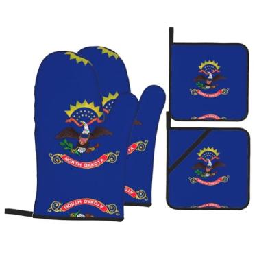 Imagem de Conjunto de luvas de forno impressas com bandeira do estado de Dakota do Norte, conjunto de 4 peças adequado para grelhar, cozinhar e assar
