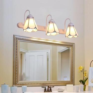 Imagem de Luminária de parede E27 para banheiro, estilo Tiffany, com três lâmpadas criativas e espelho frontal, ideal para quartos e banheiros.
